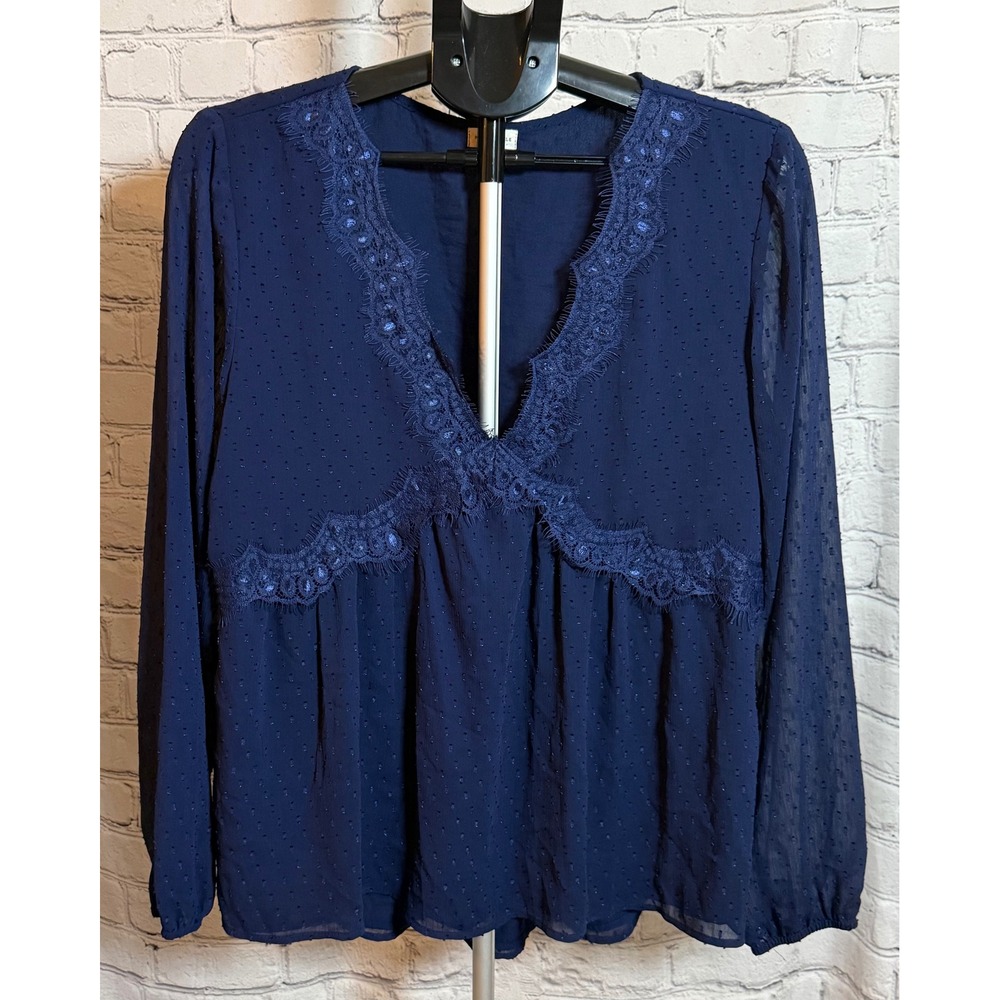 Mason & Belle Navy Blue Swiss Dot Lace Trim Babydoll Blouse XL